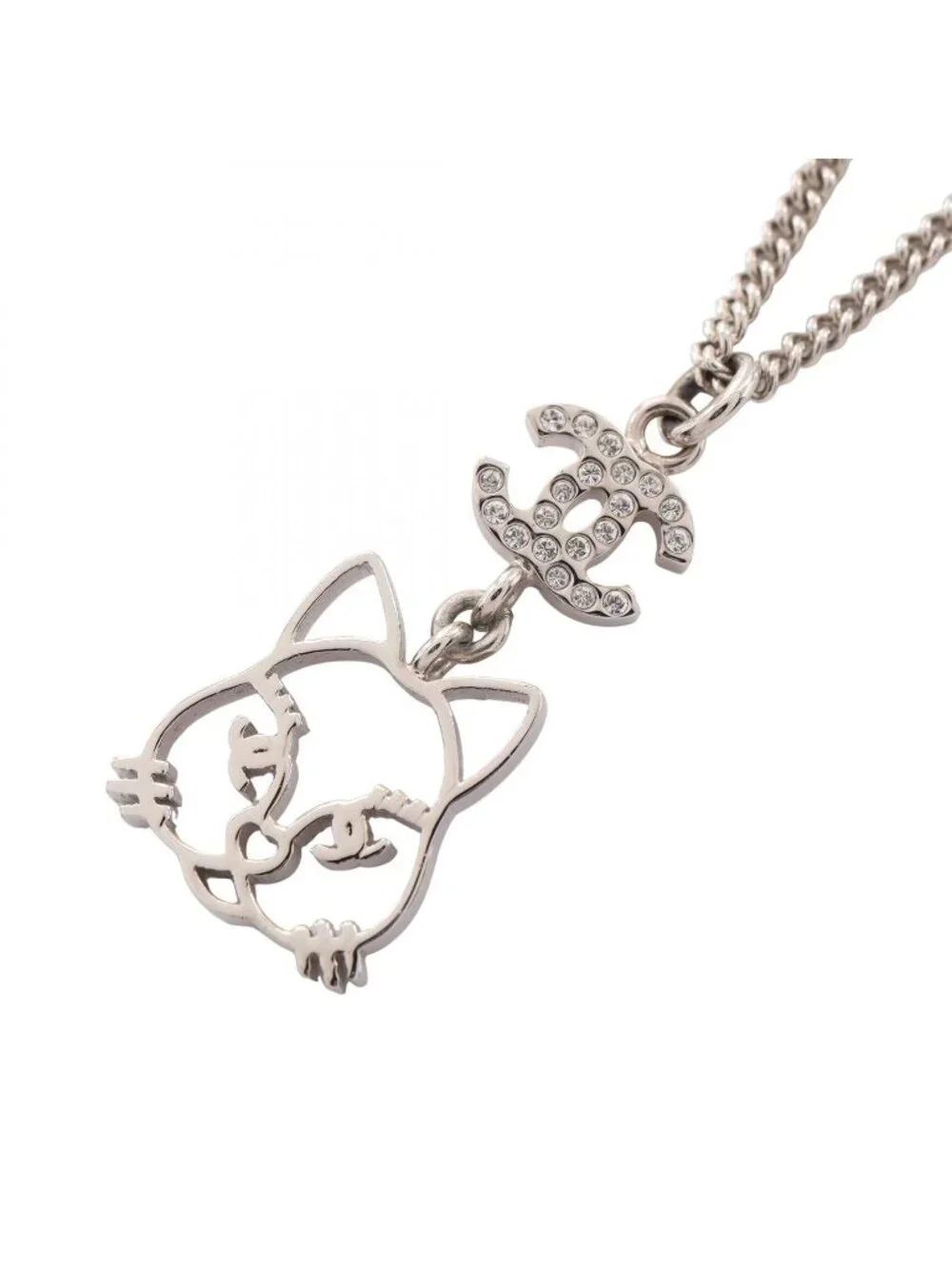 Chanel Necklace CC Logo Cat Silver